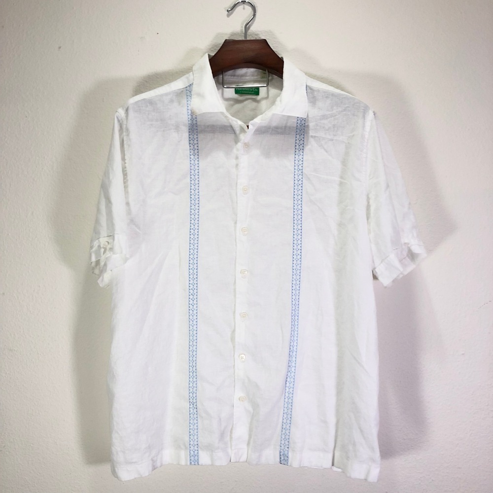 Havanera Co Cubavera 2XL White Linen Blend Guayabera Camp Shirt Blue Embroidery
